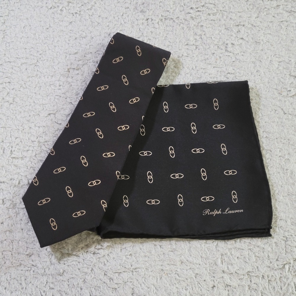 Ralph Lauren Purple Label Tie and Pocket Square Set Linked Ovals Silk Crepe